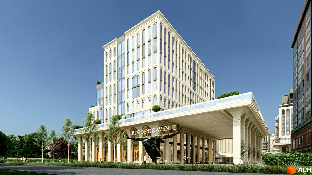 Житловий комплекс RESIDENTS AVENUE з аркадою та скульптурою перед фасадом. Навколо комплексу зелена зона та дерева.