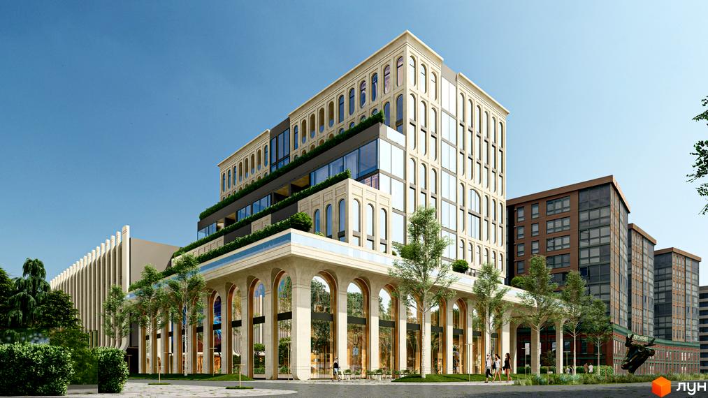 Житловий комплекс RESIDENTS AVENUE з аркадою та терасами, оточений зеленню та міською інфраструктурою.