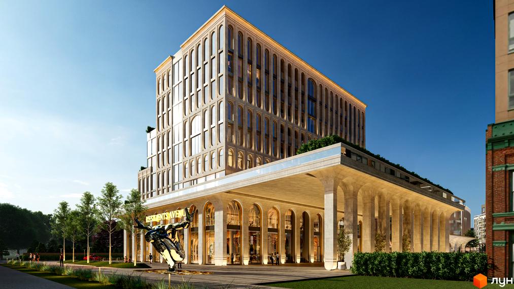 Новобудова RESIDENTS AVENUE з аркадами та колонами, скульптурою перед входом та зеленими насадженнями. Зовнішній вигляд будівлі та прибудинкова територія.