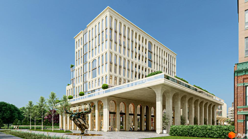 Зовнішній вигляд новобудови RESIDENTS AVENUE з аркадою та скульптурою перед фасадом. Навколо будівлі розташований зелений парк з деревами та доріжками.