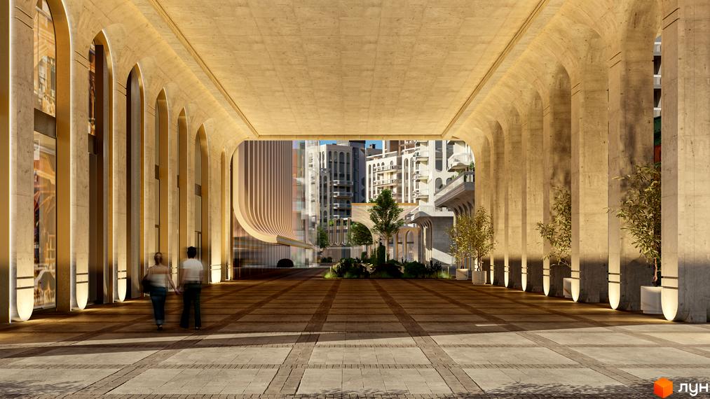 RESIDENTS AVENUE: архітектурний комплекс з арками та колонами, що веде до зеленого внутрішнього двору з новобудовами.