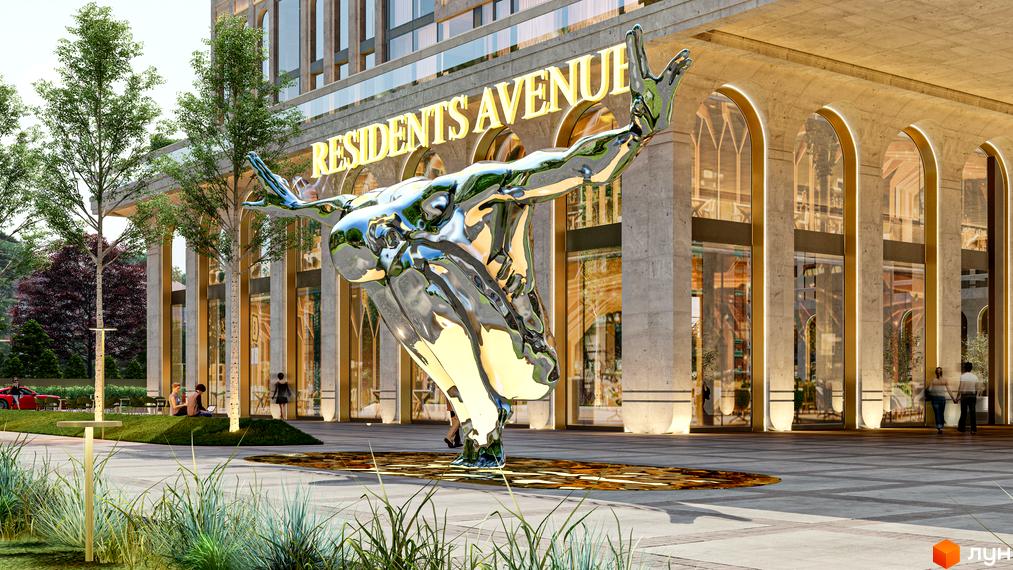 Новобудова RESIDENTS AVENUE з вражаючою скульптурою та озелененою територією. Фасад будівлі прикрашений арками та підсвіткою.