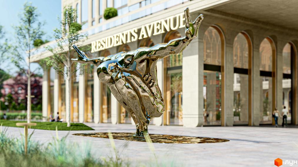 Новобудова RESIDENTS AVENUE з сучасною скульптурою на фоні. Прибудинкова територія з деревами та відпочиваючими людьми.