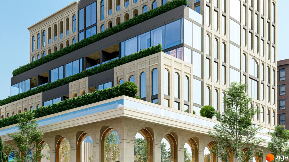 Зовнішній вигляд житлового комплексу RESIDENTS AVENUE з арковими елементами фасаду та зеленню на терасах. Будівельний проєкт з панорамним склінням та архітектурними деталями.