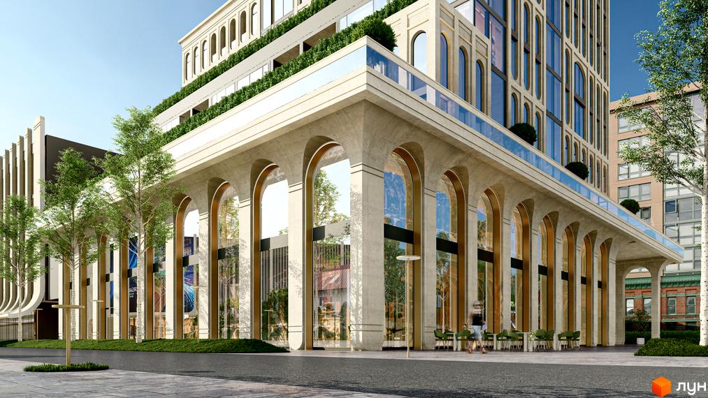 RESIDENTS AVENUE - новобудова з аркадним фасадом, скляними балконами та зеленими насадженнями. Навколо будинку облаштована прибудинкова територія з деревами та зонами відпочинку.