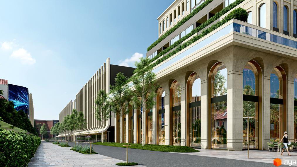 Житловий комплекс RESIDENTS AVENUE з архітектурою в стилі ар-деко та озелененою прибудинковою територією. Зовнішній вигляд будівлі вражає арками та великими вікнами.