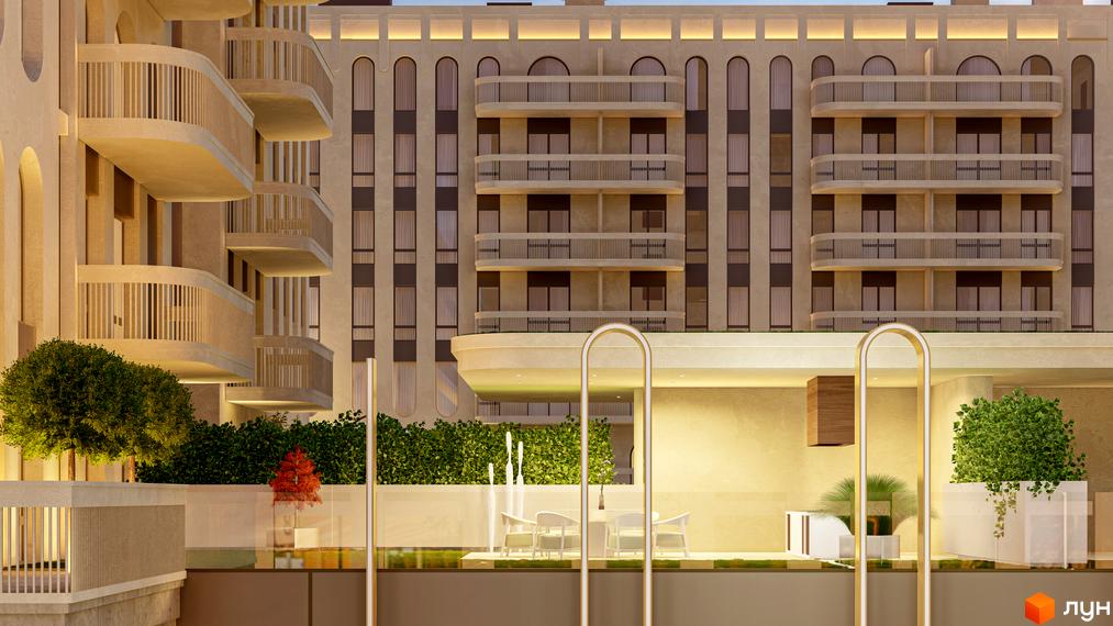 RESIDENTS AVENUE: фасади будівель з балконами та вікнами, прибудинкова територія з кущами та деревами.