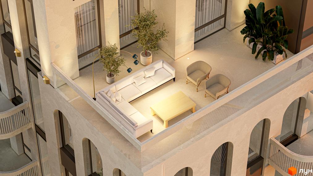 RESIDENTS AVENUE - це житловий комплекс з балконами та терасою з диваном, кріслами та кавовим столиком. Зовнішній вигляд будівлі виконаний у світлих тонах з арковими вікнами.