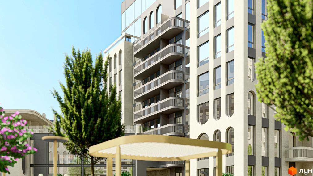 Житловий комплекс RESIDENTS AVENUE з вигнутими балконами та арочними вікнами. На прибудинковій території зелені дерева та квіти.
