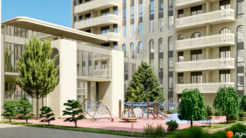 Зовнішній вигляд новобудови ЖК RESIDENTS AVENUE з дитячим майданчиком та зеленими насадженнями. Сучасна архітектура житлового комплексу з балконами та великими вікнами.