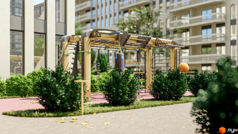 Житловий комплекс RESIDENTS AVENUE: сучасний спортивний майданчик з турніками та боксерською грушею біля багатоповерхових будинків.