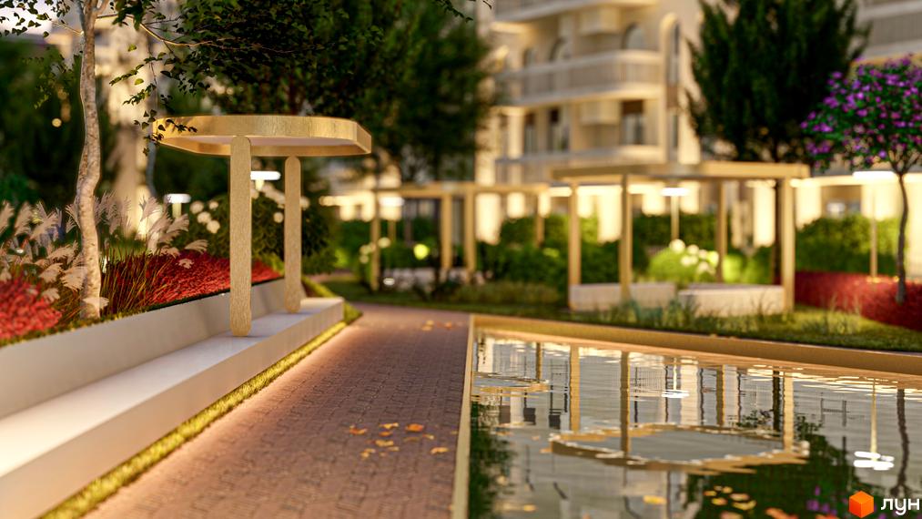 Житловий комплекс RESIDENTS AVENUE з елегантною прибудинковою територією, що включає водойму та зони відпочинку.