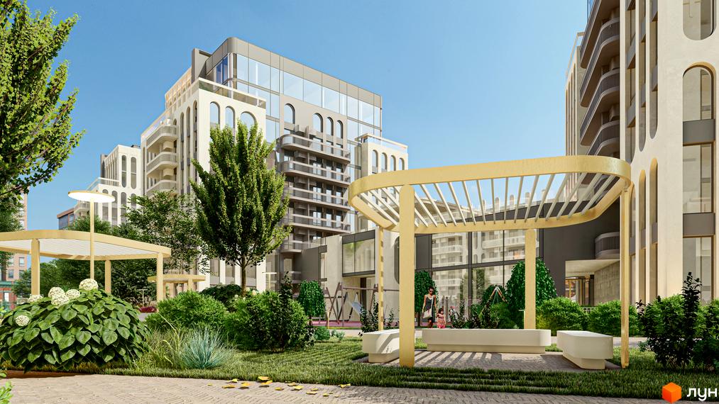 Житловий комплекс RESIDENTS AVENUE з арковими фасадами та прибудинковою територією з ландшафтним дизайном та зоною відпочинку.
