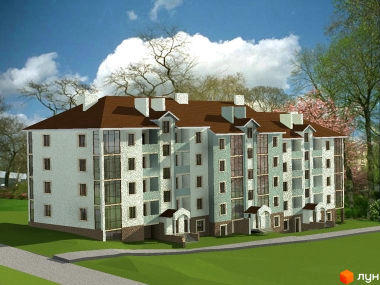 Зображення фасаду та прибудинкової території Новобудови на вул. Новооскольська, 8в. Багатоповерховий будинок з коричневим дахом та зеленим газоном.