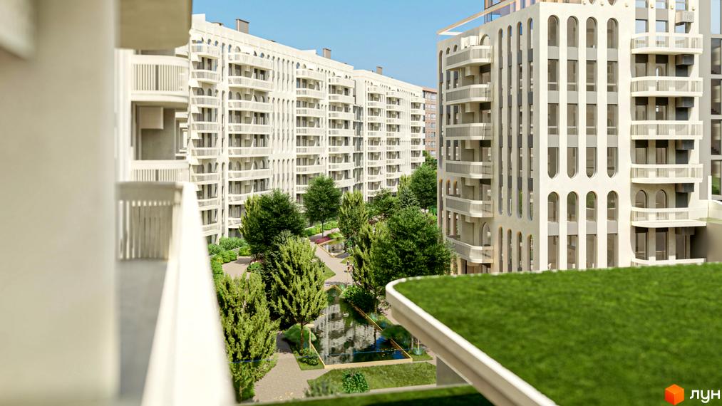 Житловий комплекс RESIDENTS AVENUE з білими фасадами та балконами, що виходить на зелений внутрішній двір з водоймами та деревами.