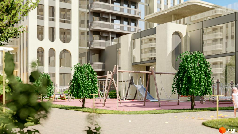Житловий комплекс RESIDENTS AVENUE з дитячим майданчиком та зеленими насадженнями. Зовнішній вигляд будівель з арковими вікнами та балконами.