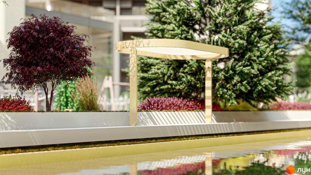 Житловий комплекс RESIDENTS AVENUE з ландшафтним дизайном та зоною відпочинку біля води. Зелені насадження та сучасна архітектура створюють затишну атмосферу.