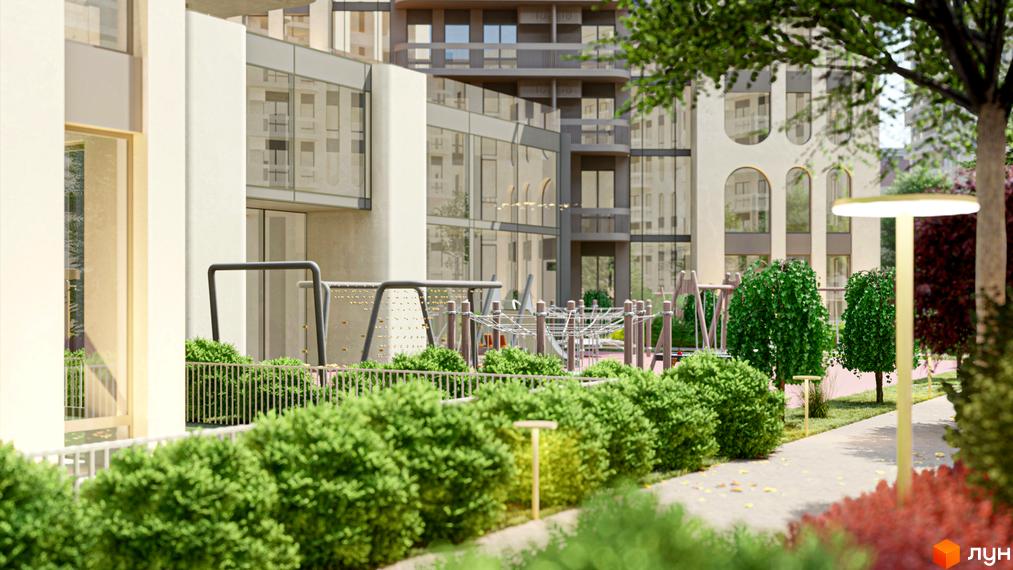 Житловий комплекс RESIDENTS AVENUE з дитячим майданчиком та зеленими насадженнями. Сучасна архітектура будівель та доглянута прибудинкова територія.