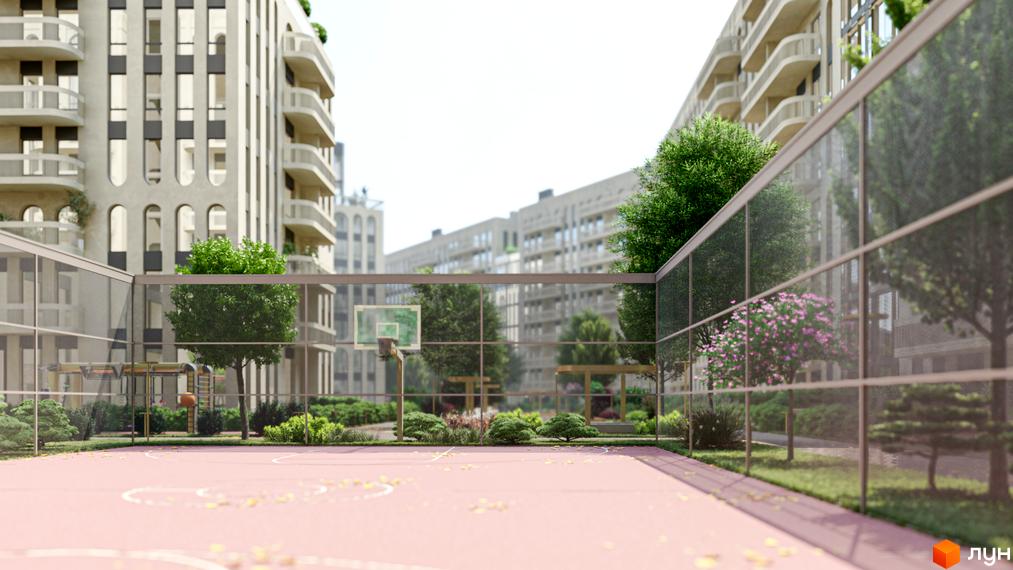 Житловий комплекс RESIDENTS AVENUE з баскетбольним майданчиком та зонами відпочинку. Сучасна архітектура та зелена прибудинкова територія.