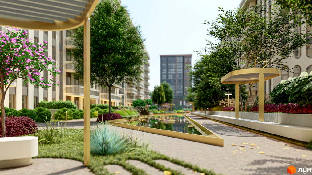 Житловий комплекс RESIDENTS AVENUE з доглянутою прибудинковою територією, що включає водойму та зелені насадження.