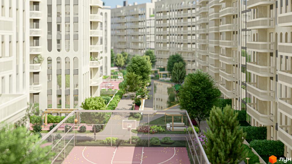 Житловий комплекс RESIDENTS AVENUE з елегантними фасадами та балконами, упорядкованою прибудинковою територією з баскетбольним майданчиком та зонами відпочинку.