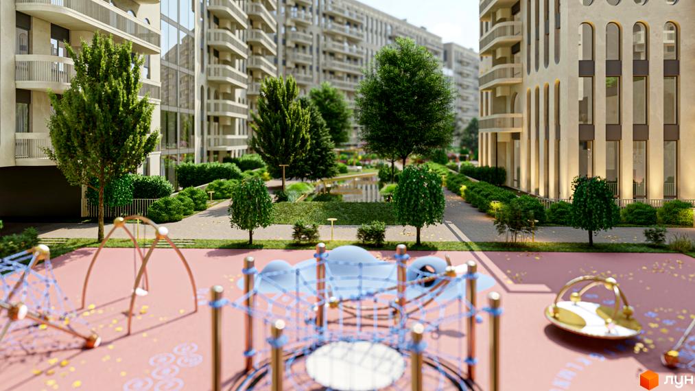 Житловий комплекс RESIDENTS AVENUE з дитячим майданчиком та озелененою територією. Сучасна архітектура новобудови з балконами та великими вікнами.