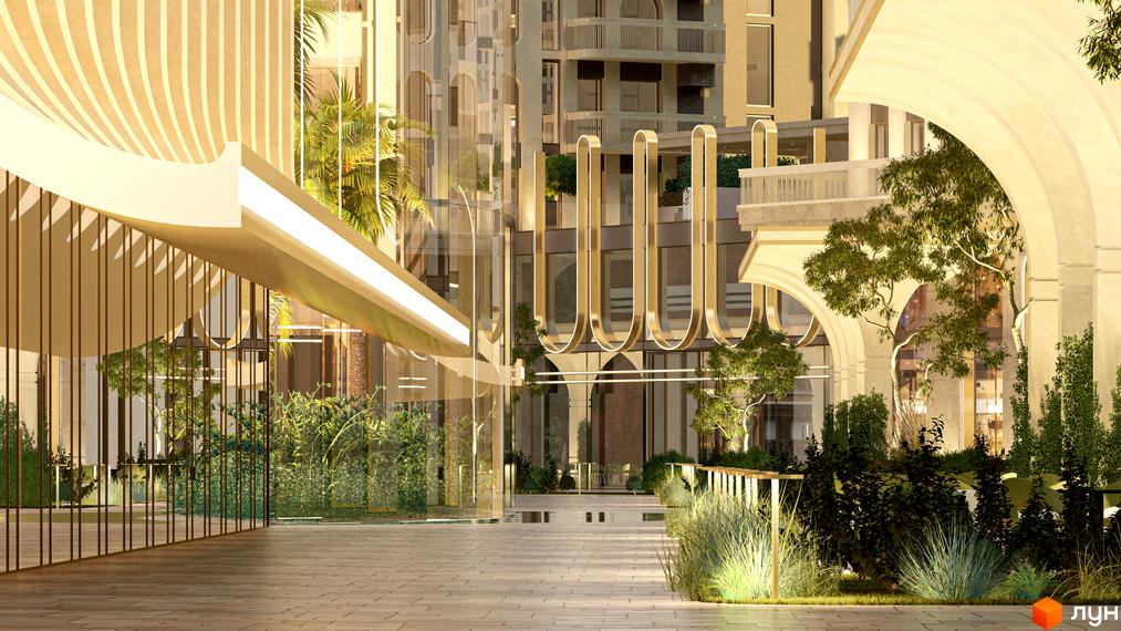 Житловий комплекс RESIDENTS AVENUE з арковими елементами та зеленою прибудинковою територією. Сучасна архітектура з підсвіченими елементами та скляними фасадами.