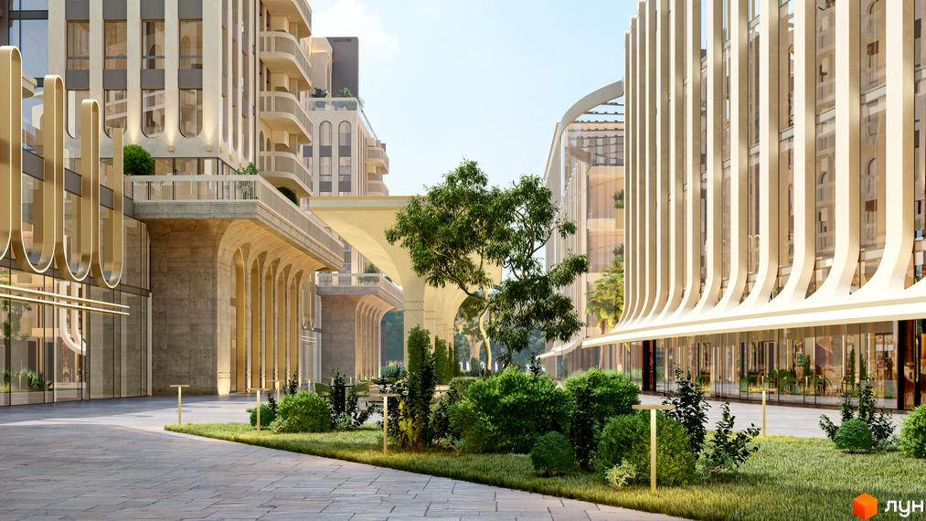 RESIDENTS AVENUE – новобудова з арковими фасадами та скляними елементами, що виходить на доглянуту прибудинкову територію з зеленими насадженнями.