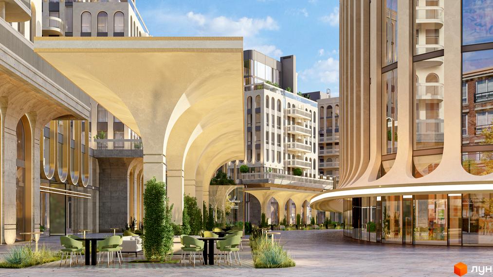 Житловий комплекс RESIDENTS AVENUE з аркадами та відкритими терасами, зеленою прибудинковою територією та місцями для відпочинку.