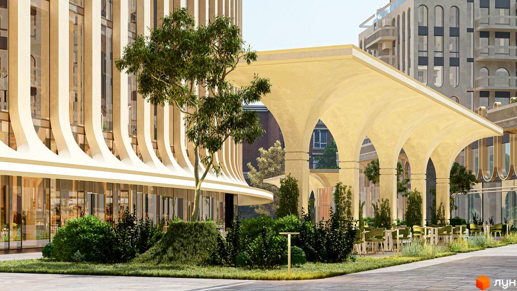 Житловий комплекс RESIDENTS AVENUE з арковою терасою та зеленою зоною. Зовнішній вигляд новобудови та прибудинкова територія.