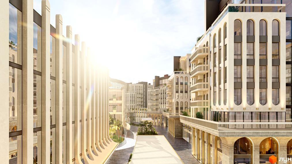 RESIDENTS AVENUE: фасади будівель з арковими вікнами та балконами, вулиця з колонадою та зеленими насадженнями.