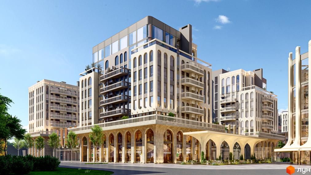 Зовнішній вигляд житлового комплексу RESIDENTS AVENUE з арковими фасадами та балконами, що виходить на зелену зону з деревами.