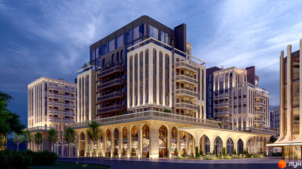 RESIDENTS AVENUE – це новобудова з виразним фасадом та арочними елементами, що доповнюється затишною прибудинковою територією з деревами та освітленням.