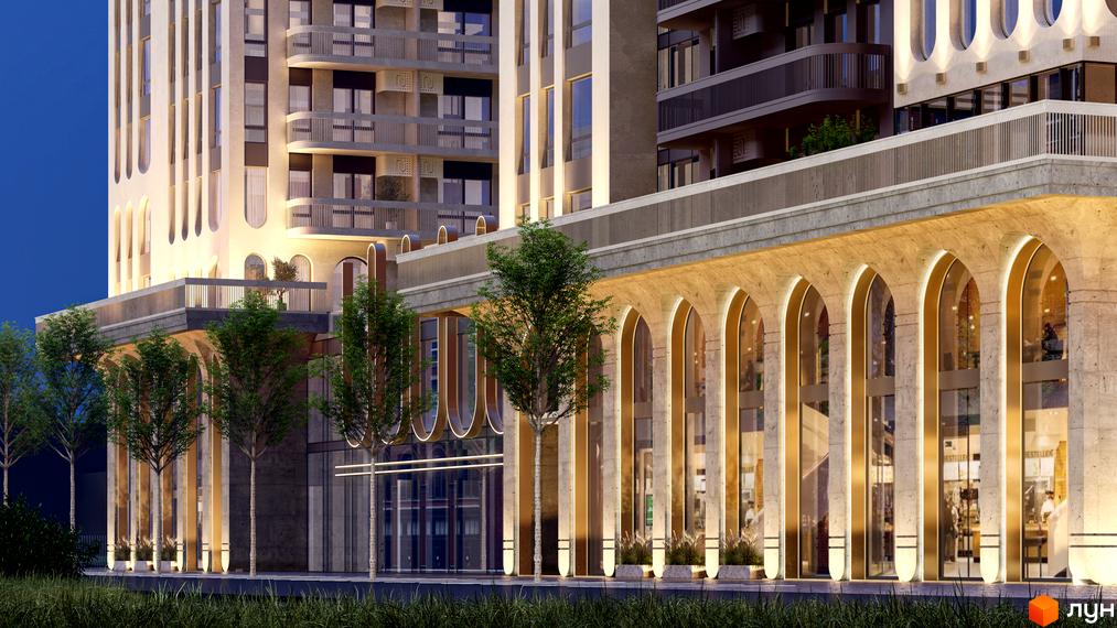 RESIDENTS AVENUE: фасад житлового комплексу з арками та підсвіткою, зелені дерева перед входом. Сучасна архітектура новобудови.