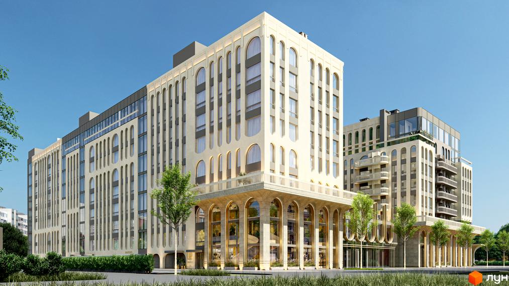 Зовнішній вигляд новобудови RESIDENTS AVENUE з арковими фасадами та скляними елементами. Навколо будинку зелені насадження та доглянута прибудинкова територія.