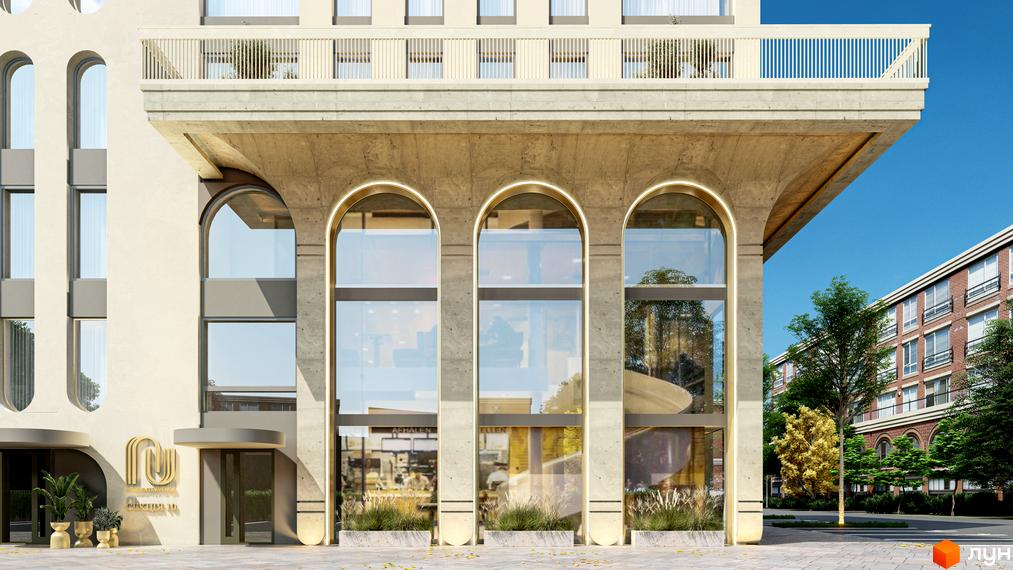 Фасад житлового комплексу RESIDENTS AVENUE з арковими вікнами та балконом. Поруч розташована прибудинкова територія з деревами та сусідня будівля.