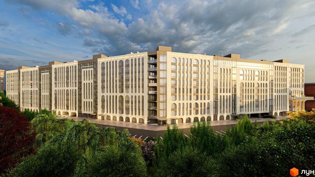 Зовнішній вигляд комплексу RESIDENTS AVENUE з арковими вікнами та балконами, оточений зеленню. Навколо будинку розташована прибудинкова територія з деревами та квітами.