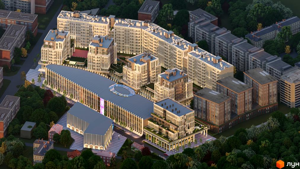Житловий комплекс RESIDENTS AVENUE з фасадами у світлих тонах та численними балконами, оточений деревами та іншими будівлями.