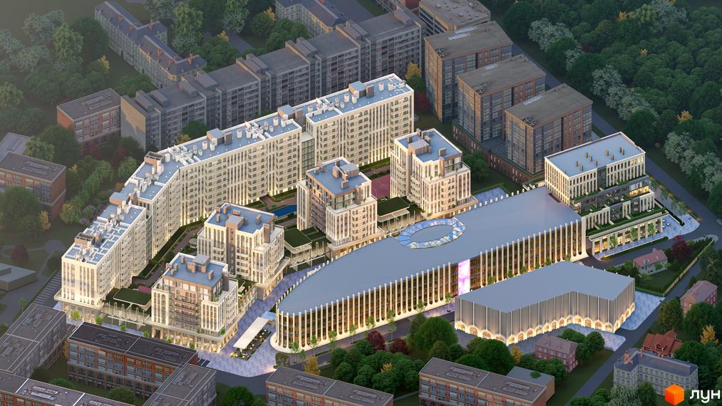 Зовнішній вигляд житлового комплексу RESIDENTS AVENUE з багаторівневими фасадами та прибудинковою територією з зонами відпочинку та озелененням.