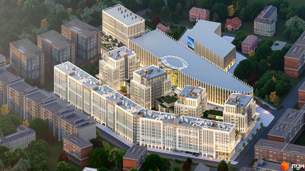 Житловий комплекс RESIDENTS AVENUE. Зовнішній вигляд будинків з білими фасадами та скляними елементами, прибудинкова територія з деревами та доріжками.