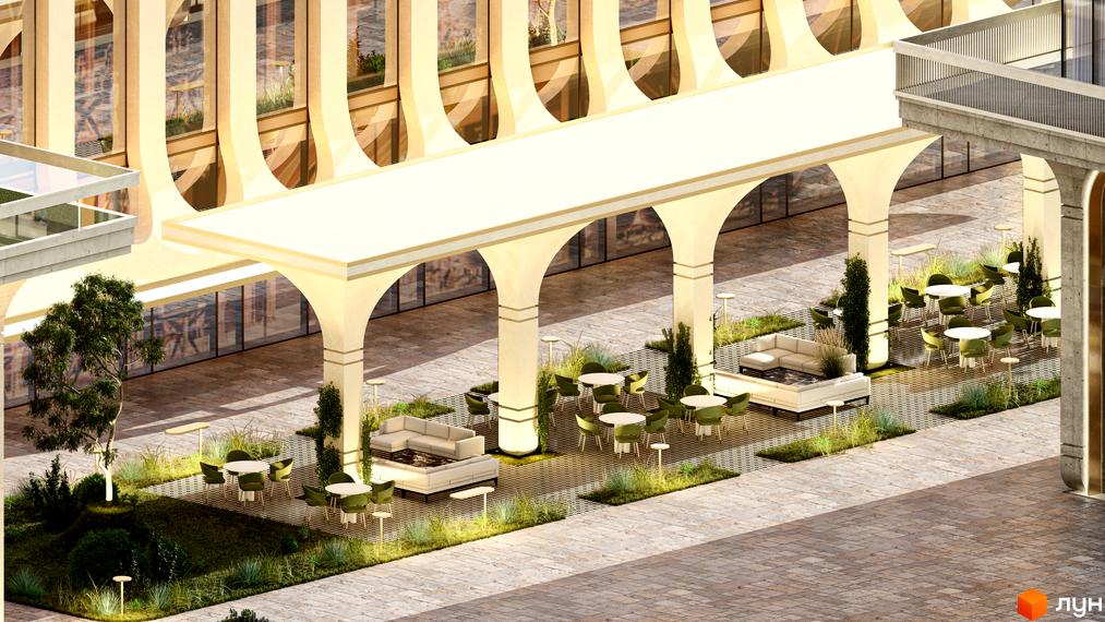 Зовнішній вигляд новобудови RESIDENTS AVENUE з аркадою та зоною відпочинку з диванами та столами. Прибудинкова територія з деревами та освітленням.