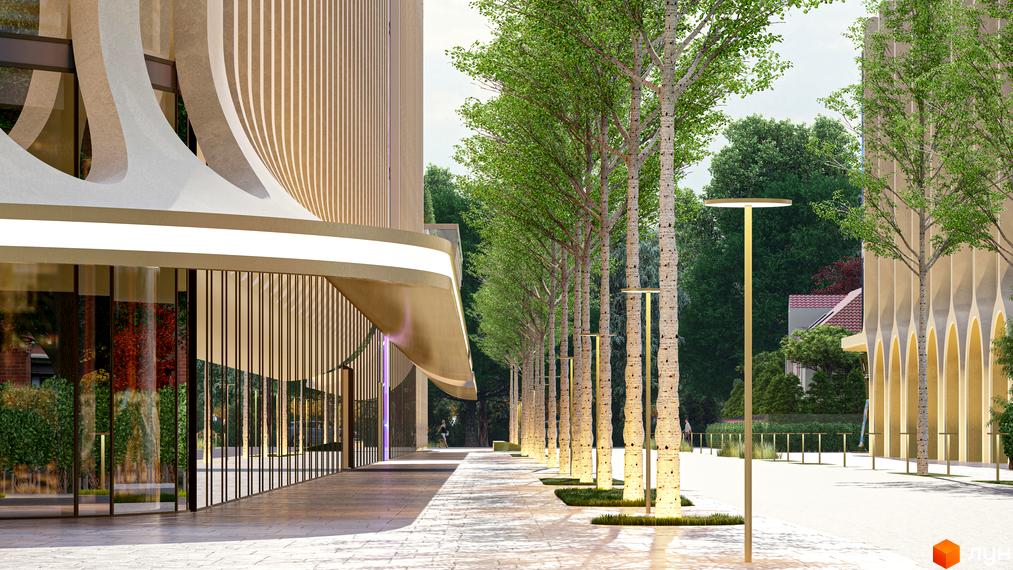 Житловий комплекс RESIDENTS AVENUE з елегантною фасадною частиною та доглянутою прибудинковою територією з деревами та освітленням.