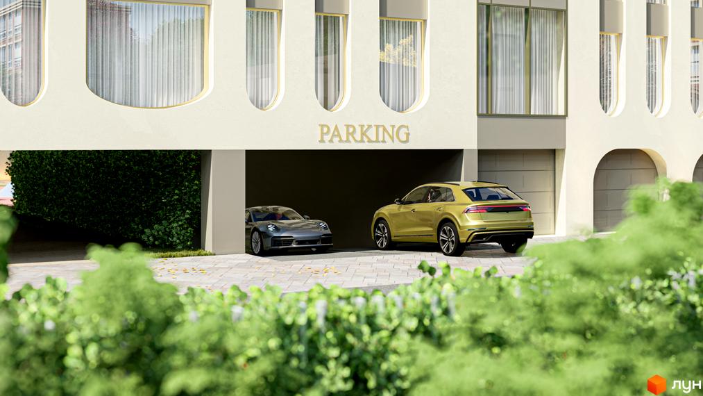 RESIDENTS AVENUE: фасади будівлі з арочними вікнами та паркінгом, де припарковані автомобілі. Територія перед будинком озеленена.