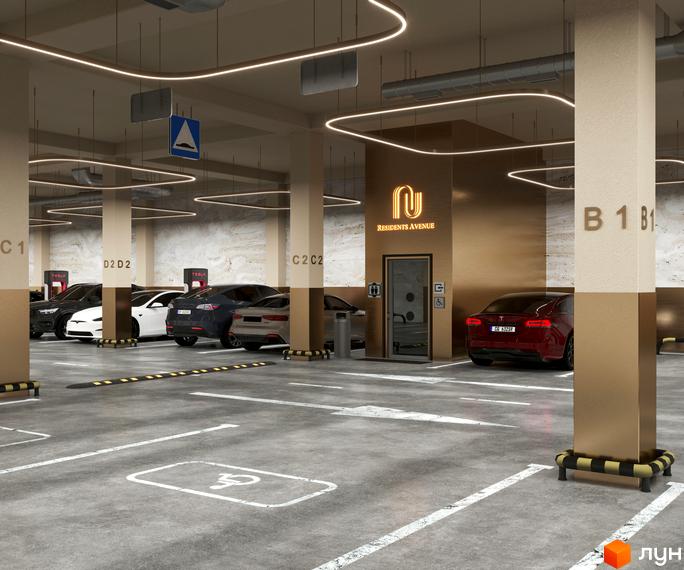 Підземний паркінг ЖК RESIDENTS AVENUE з електромобілями та місцями для зарядки. Озеленена прибудинкова територія з пішохідними зонами.