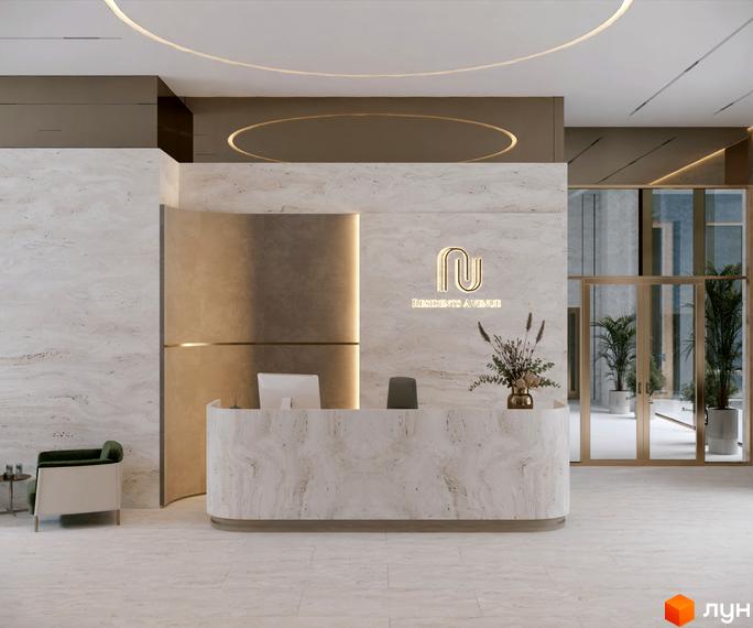 Стійка рецепції в лобі житлового комплексу RESIDENTS AVENUE з логотипом та декором. Просторий хол з рослинами та кріслом.