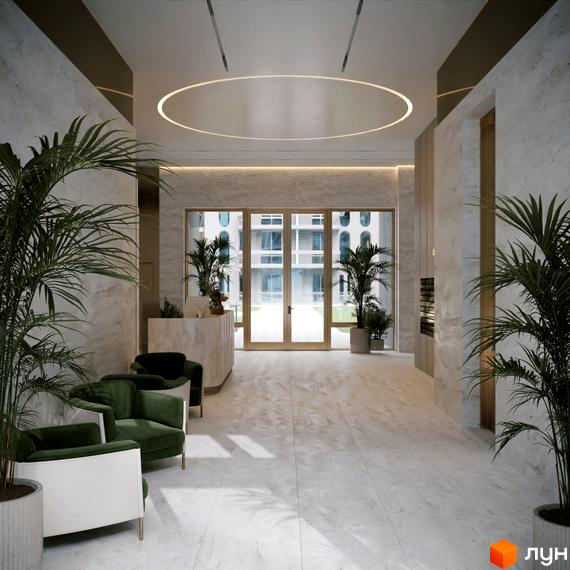 Лобі житлового комплексу RESIDENTS AVENUE з зеленими кріслами, мармуровою стійкою та великими вікнами, що виходять на фасад будівлі.