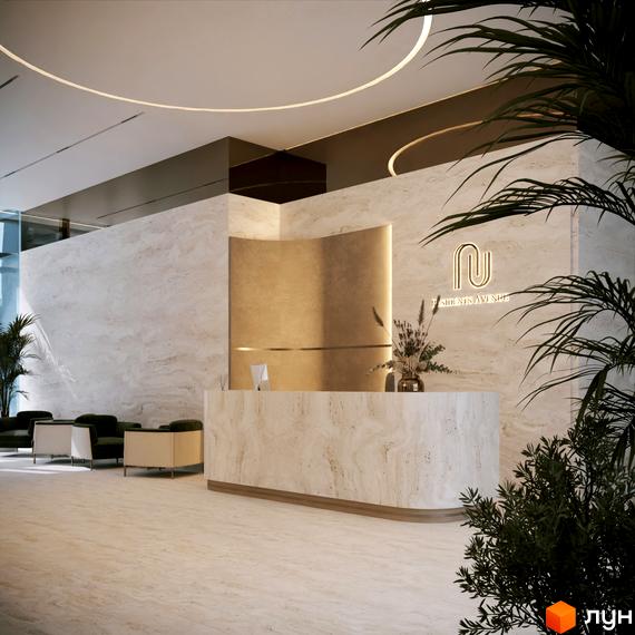 Лобі житлового комплексу RESIDENTS AVENUE з мармуровою стійкою реєстрації та зоною очікування.