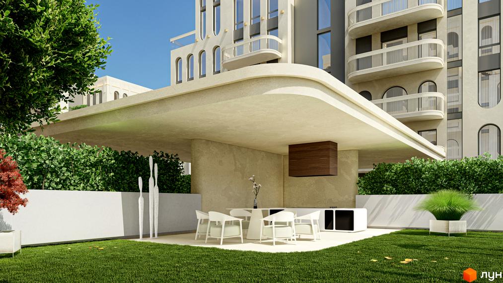 Житловий комплекс RESIDENTS AVENUE з вишуканим фасадом та просторою прибудинковою територією з зоною відпочинку. Сучасна архітектура новобудови та зелений двір.