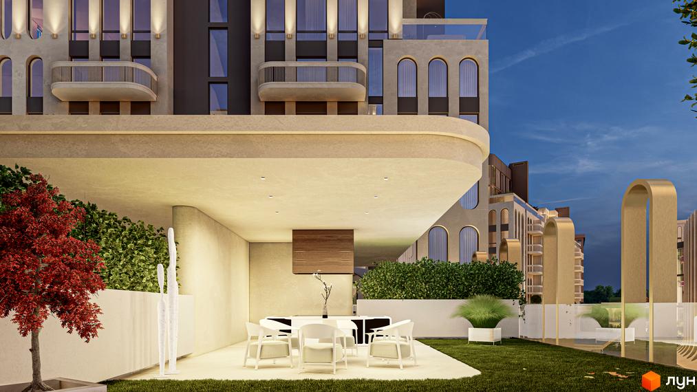 RESIDENTS AVENUE: фасади будівель з арковими вікнами та балконами, прибудинкова територія з місцями для відпочинку та озелененням.