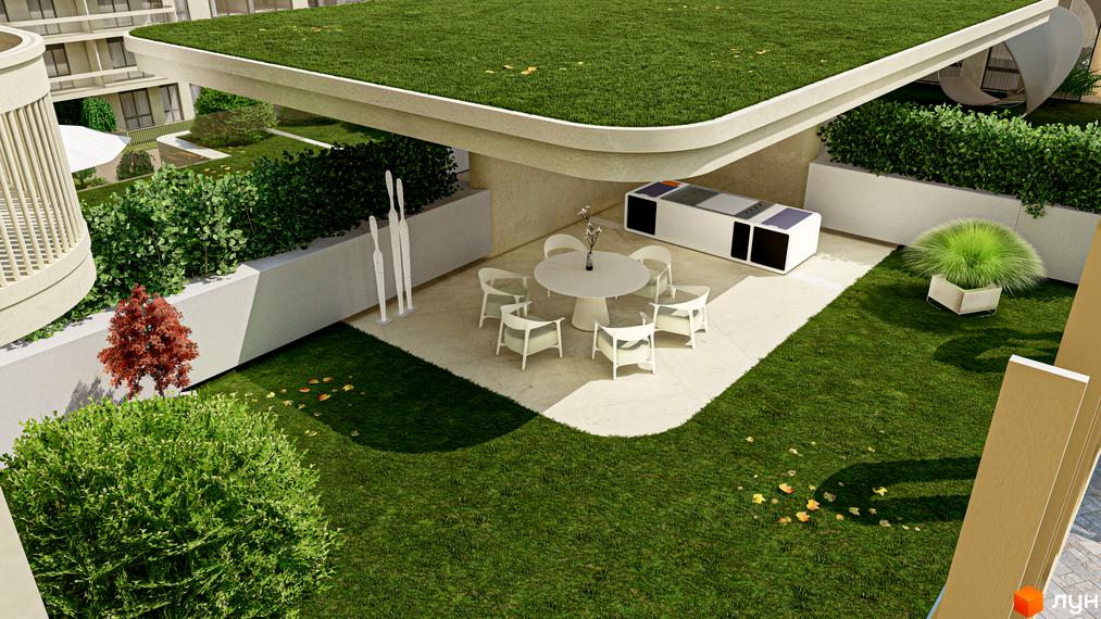RESIDENTS AVENUE: зелена тераса з зоною відпочинку та вишуканими меблями. Насолоджуйтесь комфортом та природою на прибудинковій території.